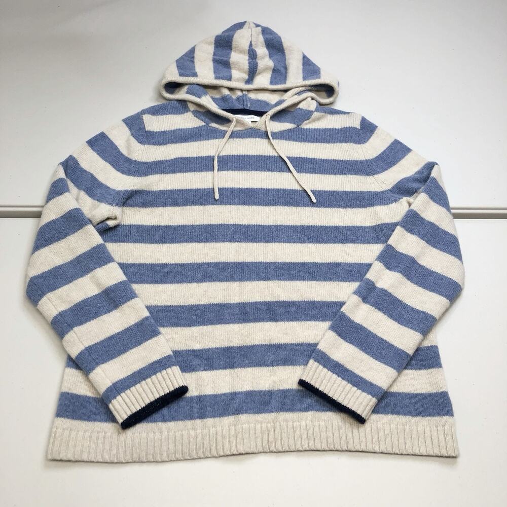 Tabitha Webb Women’s Blue White Striped Hooded Knit Sweater Drawstring Size L